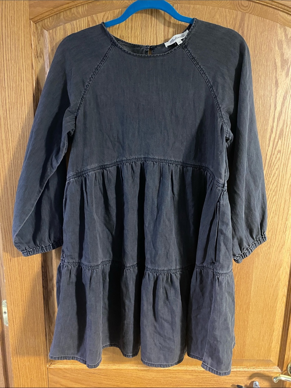 Madewell Black denim Washed Tiered Long-Sleeve Dress small